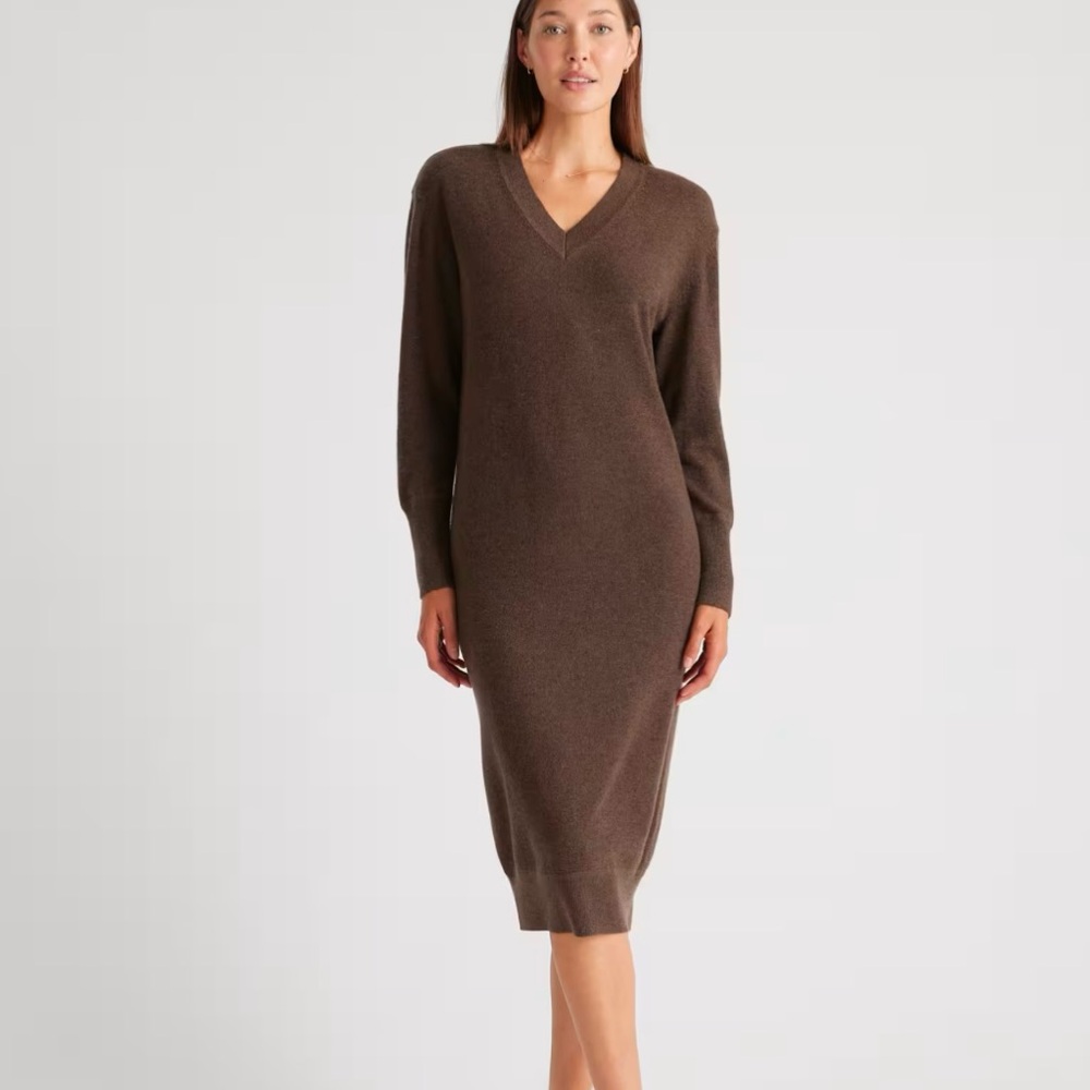 Quince Mongolian Cashmere V-Neck Midi Sweater Dress